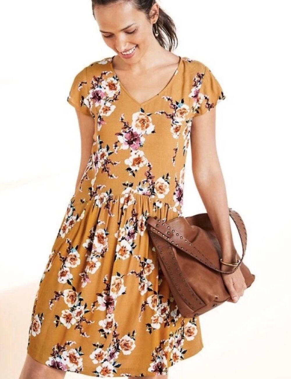 Garnet Hill Summer Day Crepe Dress Yellow Floral 8 Lined Breezy Dropwaist Pocket